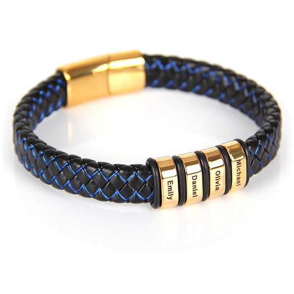 Custom Engraved Golden Beads Black And Blue Leather Bracelet for Personalized Gifts