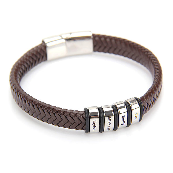 Custom Family Name Engraved Brown Leather Steel Beads Bracelet - Personalized Jewelry Accessory