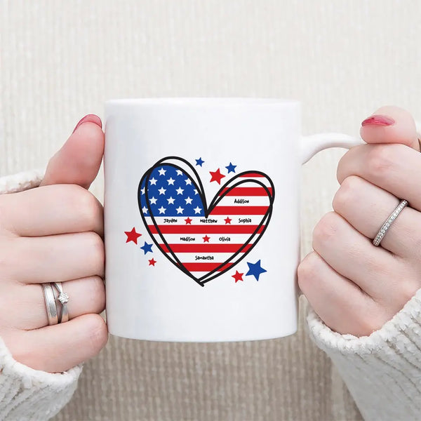 Personalized Heart Shape American Flag Mugs Custom Names Gifts