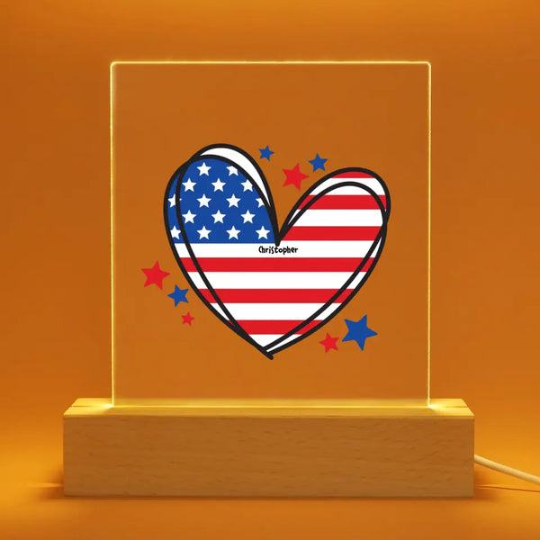 Personalized Heart Shape American Flag Acrylic Light Custom Names Night Light